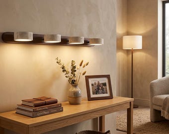 Travertine Wood LED Sconce, Wabi Sabi Bathroom Vanity Light, Minimalist Wall Lamp