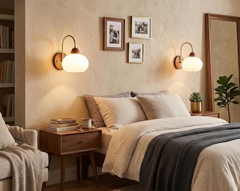 Wood Glass Wall Sconce, Mid Century Bedside Lamp, Opal Globe Light