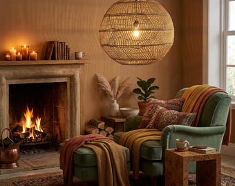 Luminária pendente artesanal em rattan, luminária de teto em vime trançado, decoração costeira boho japonesa.