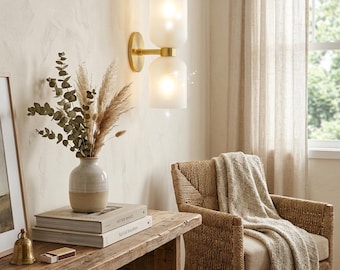 Frosted Glass Double Wall Light, Gold Effect Sconce, Modern Bedside Lamp