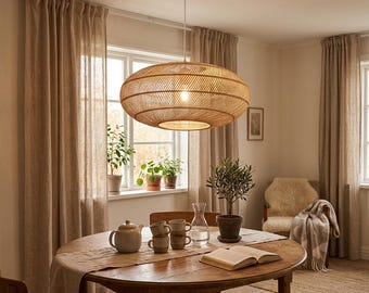 Lampada a sospensione in rattan realizzata a mano, lampada da soffitto intrecciata in stile boho costiero giapponese