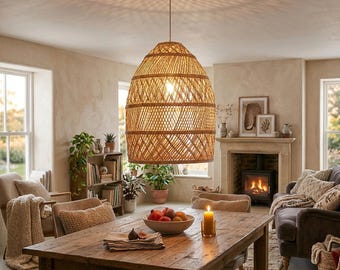 Handmade Rattan Pendant Light, Woven Boho Coastal Ceiling Lamp