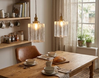 Textured Glass Pendant Light, Vintage Edison Hanging Lamp, Industrial Farmhouse Kitchen Island Lighting