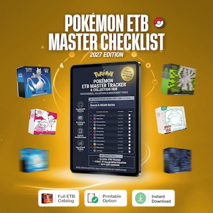 Peut inclure: Un guide numérique Pokémon ETB Master Checklist édition 2027 affiché sur une tablette, entouré de diverses boîtes Pokémon Elite Trainer. L'écran présente une interface de suivi avec une liste des séries Sword and Shield et des outils.