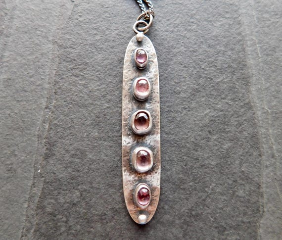 Shades of Purple Spinel Pendant, Five Stones, Sterling Silver, Textured Metal