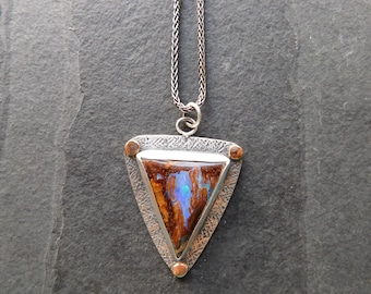 Australian Boulder Opal Textured Sterling Silver 14K Gold Mixed Metal Pendant Necklace