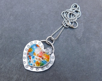 Millefiori Glass Heart Sterling Silver Stamped Pendant, Multi Color Flower Heart Necklace