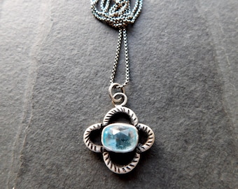 Baby Blue Rosecut Aquamarine Stone Oxidized Sterling Silver Textured Quatrefoil Pendant Necklace