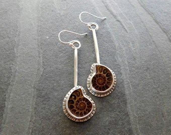 Natural Ammonite Stone Stamped Sterling Silver Long Swing Dangle Earrings