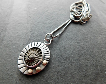 Pyritized Ammonite Negative Stone Stamped Sterling Silver 14k Gold Mixed Metal Pendant Necklace