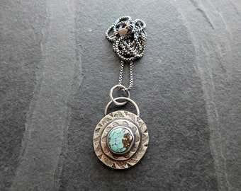 Hubei Turquoise Pendant, Sterling Silver, Hand Stamped Design