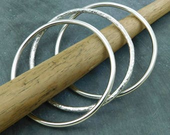 Sterling Silver Bangle Bracelet Set, Three Bangles, Textured Bangle, Stacking Bangles