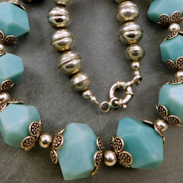 Amazonite Necklace, Bali Sterling Silver, Nugget Stone