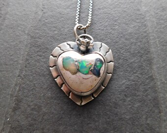 Mexican Cantera Jelly Opal Pendant, Sacred Heart, Oxidized Sterling Silver