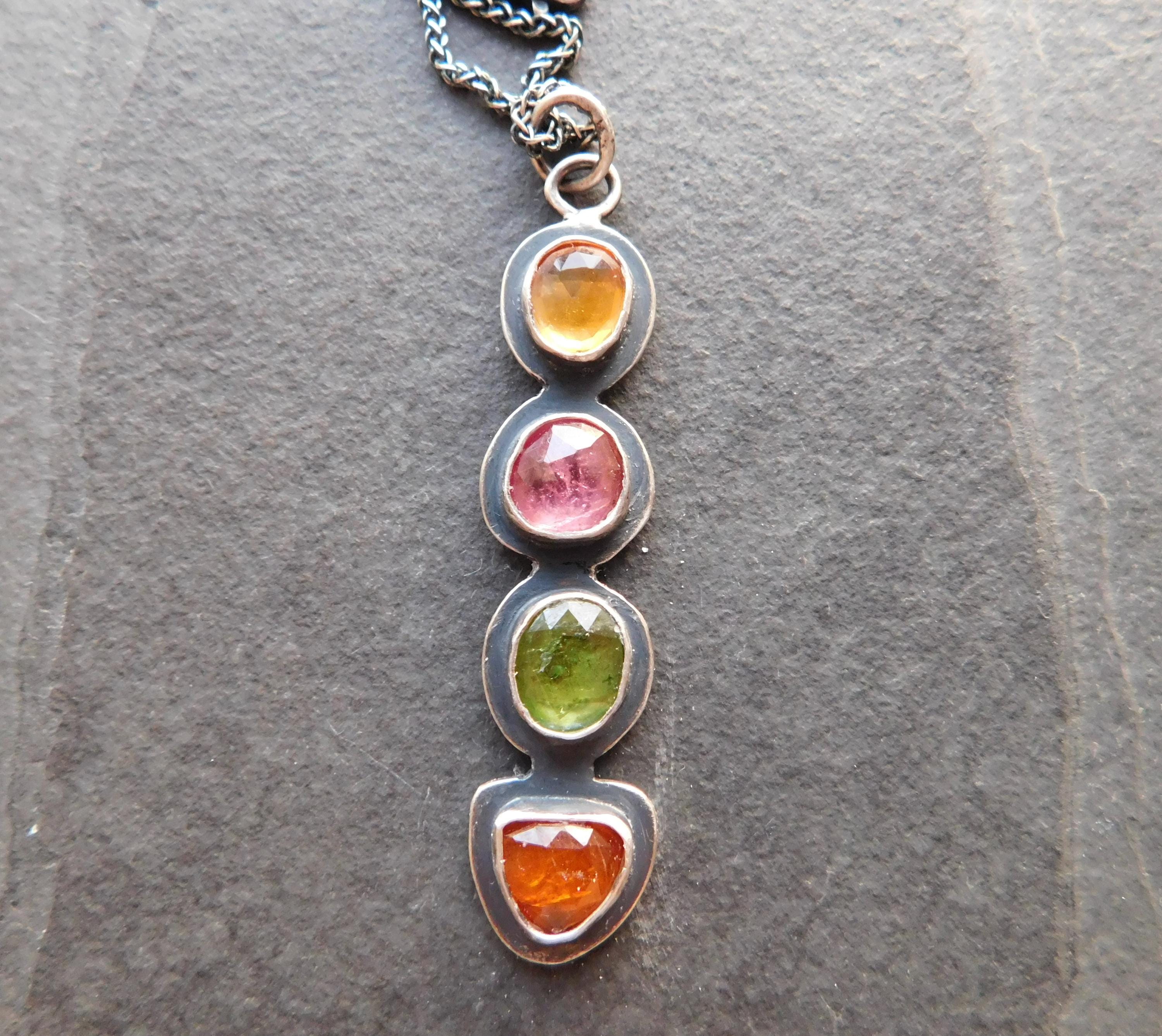 Golden Yellow Citrine Pink Tourmaline Green Tourmaline Orange Kyanite Rainbow Stone Oxidized Sterling Silver Necklace