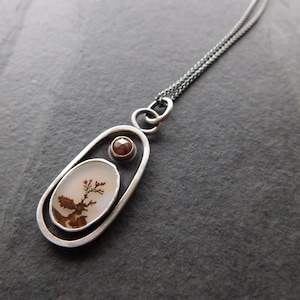 Dendritic Agate Single Tree Portrait Brown Diamond Sterling Silver 14K Gold Nature Pendant Necklace