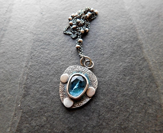 Teal Moss Kyanite Pendant, Textured Sterling Silver