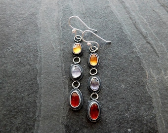 Citrine Iolite Garnet Multi Stone Oxidized Sterling Silver Long Gemstone Dangle Earrings