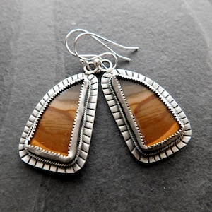May include: A pair of silver earrings with a brown agate stone set in each. The earrings have a scalloped edge and a simple hook closure.