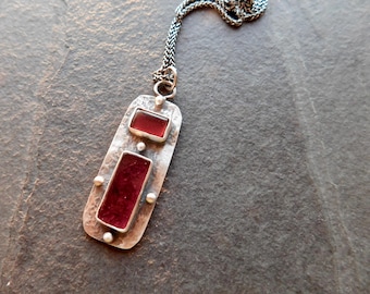 Rectangular Rhodolite Garnet Pendant, Textured Sterling Silver & Tiny Bead Accents, Oxidized Metal