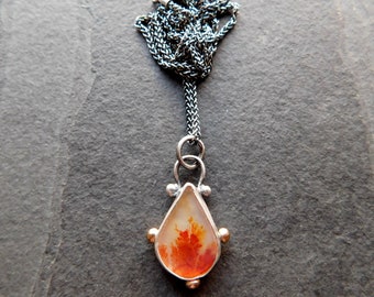 May include: A silver chain necklace with a teardrop-shaped pendant featuring a red and white agate stone.