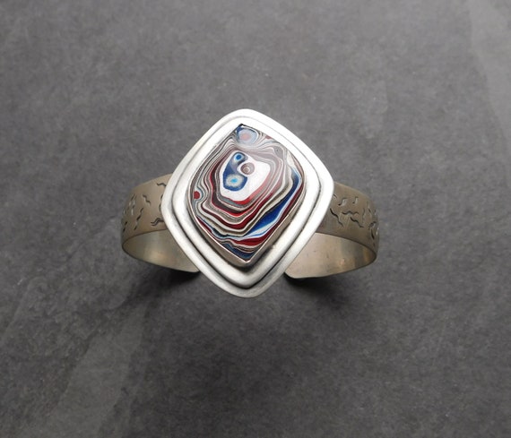 Fordite Modernist Cuff Oxidized Sterling Silver Detroit | Etsy