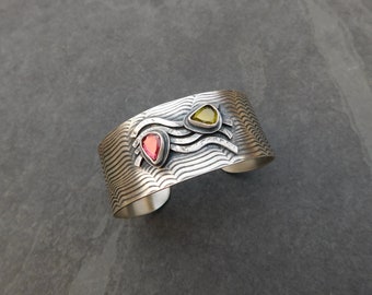 Pink & Green Tourmaline Wide Cuff Bracelet, Sterling Silver, Wavy Wire, Modernist Design
