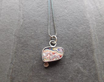 Small Multi Color Fordite Pendant, Oxidized Sterling Silver, Motor City Agate Necklace