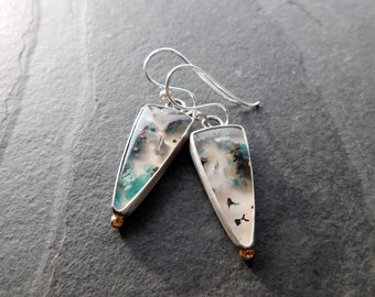 Chrysocolla Malachite With Copper Confetti Stones Sterling Silver 14K Gold Accent  Dangle Earrings