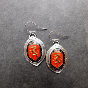 Red Black Bronze Dragon Shield Vintage Glass Stone Sterling Silver Earrings
