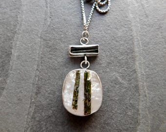 Green Tourmaline in Quartz Pendant, Oxidized Sterling Silver, Raw Tourmaline Mineral Necklace