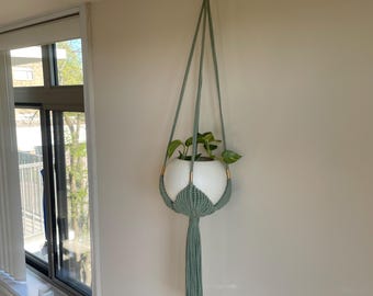 Sage Green Macrame Plant Hanger with Gold Beads — Handmade Boho Indoor Hanging Planter