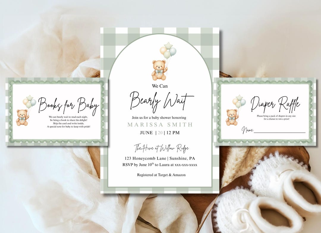 We Can Bearly Wait – Teddy Bear Baby Shower Invitation Suite (digital ...