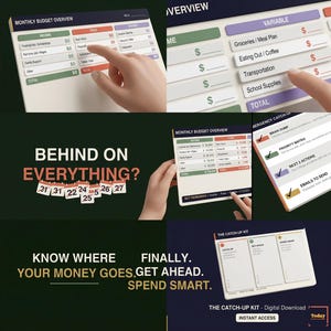 May include: A digital budget planner with sections for income, expenses, and variables. The planner includes a monthly budget overview, an emergency catch-up section, and a catch-up kit. The text reads "Know where your money goes. Finally, get ahead. Spend smart."