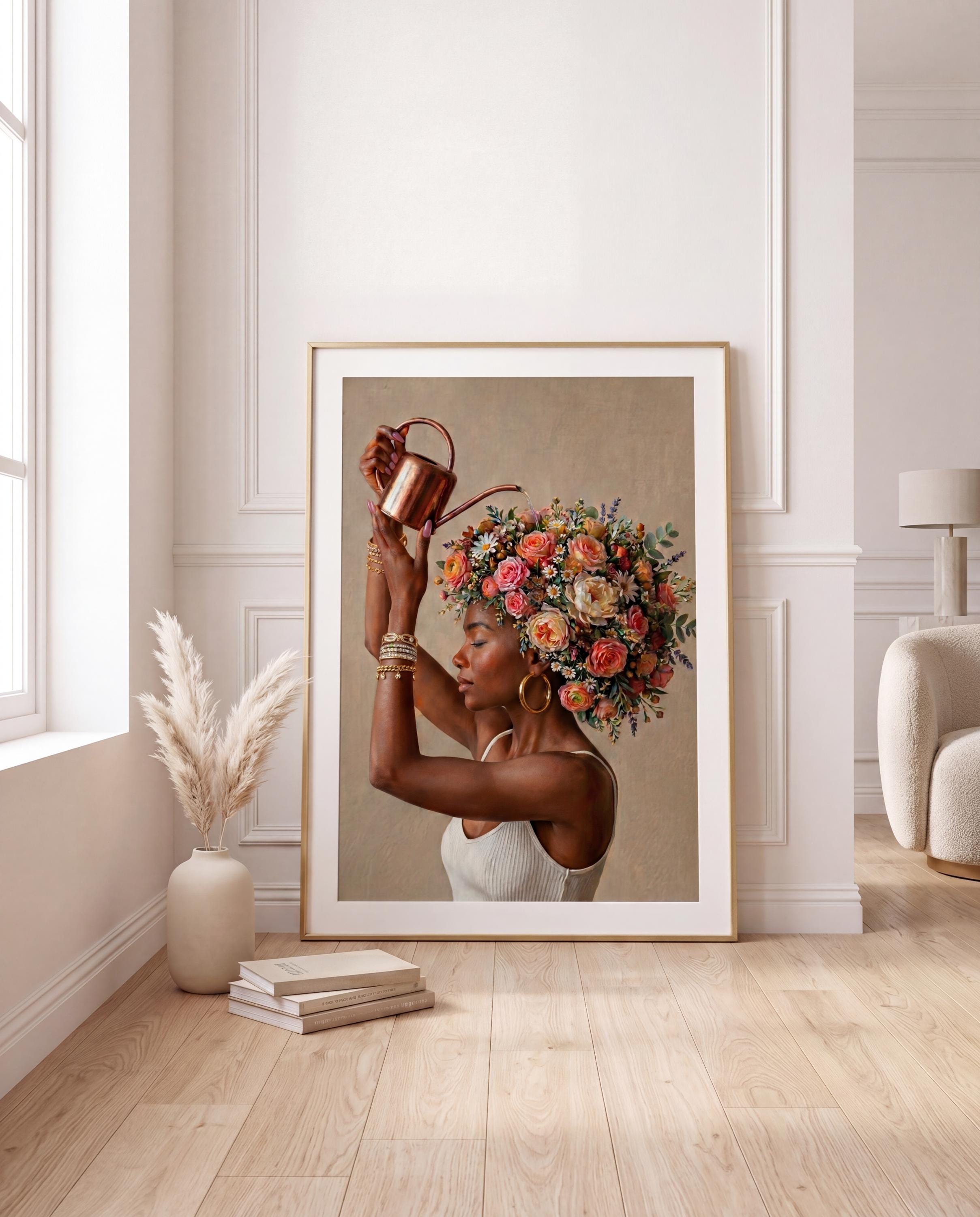 Black Woman Floral Afro Art Print | Elegant Afrocentric Wall Decor ...