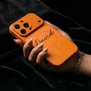 Personalized iPhone Case, Orange Silicone, Camera Slide, MagSafe Compatible