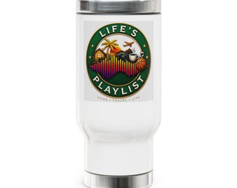 Taza de viaje isotérmica de 414 ml con asa, estampado "Life's Playlist", taza de café de acero inoxidable