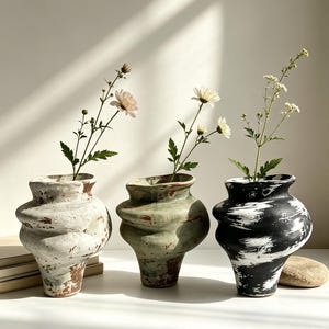 May include: Three ceramic vases with organic shapes and textured surfaces. The vases are in white, green, and black with white brushstrokes. Each vase holds a stem of flowers. The vases are on a white surface.