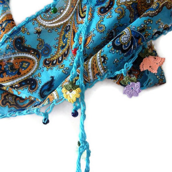 Blue Cotton Turkish Scarf With Traditional Lace