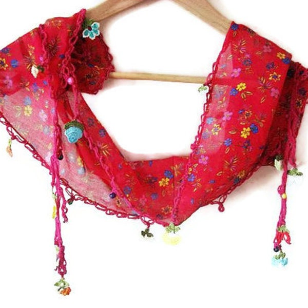 CLEARANCE SALE - 50%  OFF - Red Cotton  Turkish Scarf  With Traditional Lace