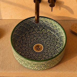 Handmade Moroccan Ceramic Sink | Green Artisan Pottery Wash Basin, Vessel Bathroom Sink
