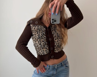 90er jahre strickjacke vintage leoparden print gestrickt