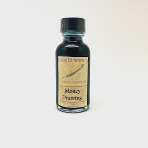 May include: A small glass bottle filled with dark green liquid, featuring a black screw-top cap and a tan label. The label displays the text Ceridwen's Scribe Supplies, Money Drawing, and 1 fl oz, along with a graphic illustration of a quill pen.