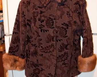 Vel-our-ette Brown Brocade box cut jacket with fur trim- 50s early 60s