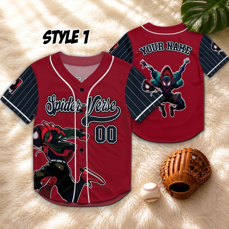 May include: A maroon baseball jersey with black pinstriped sleeves, featuring the text Spider-Verse and the number 00 on the front. The back displays the text YOUR NAME above a graphic of a superhero in a dynamic pose. Includes a baseball and glove.