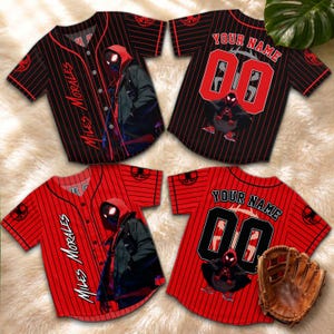 May include: Four baseball jerseys, two red and two black, with a pinstripe design. Each jersey features a graphic of a character in a red and black suit. The red jerseys have "MILES MORALES" printed vertically. The black jerseys have "YOUR NAME" and the number "00".
