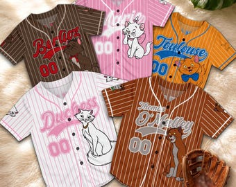 Personalized Aristocats Baseball Jersey, Custom Duchess Marie Toulouse Berlioz Shirt, Cat Family Jersey, Cute Cartoon Cat Fan Gift