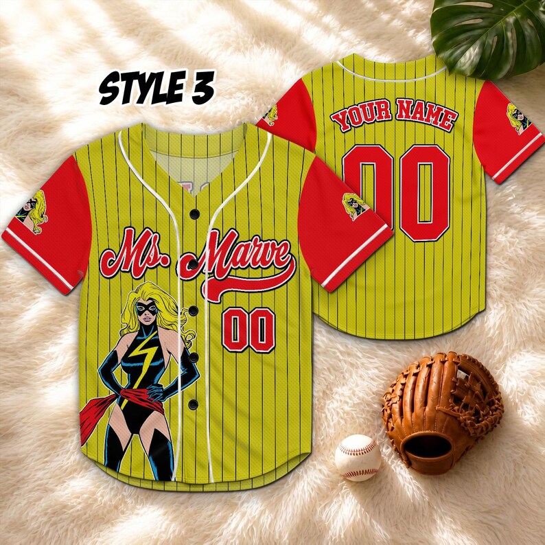May include: Yellow baseball jersey with red sleeves and pinstripes. Features a Ms. Marvel graphic, the number 00, and the text "Your Name". Includes a baseball glove and a baseball.