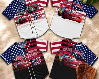 Lightning McQueen Baseball Jersey, Patriotic Cars Family Shirt, USA Independence Day Vacation Outfit, Cartoon Holiday Tee