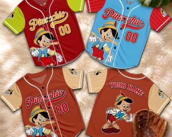 Personalized Pinocchio Baseball Jersey, Custom Classic Cartoon Character Shirt, Jiminy Cricket Figaro Blue Fairy Fan Gift
